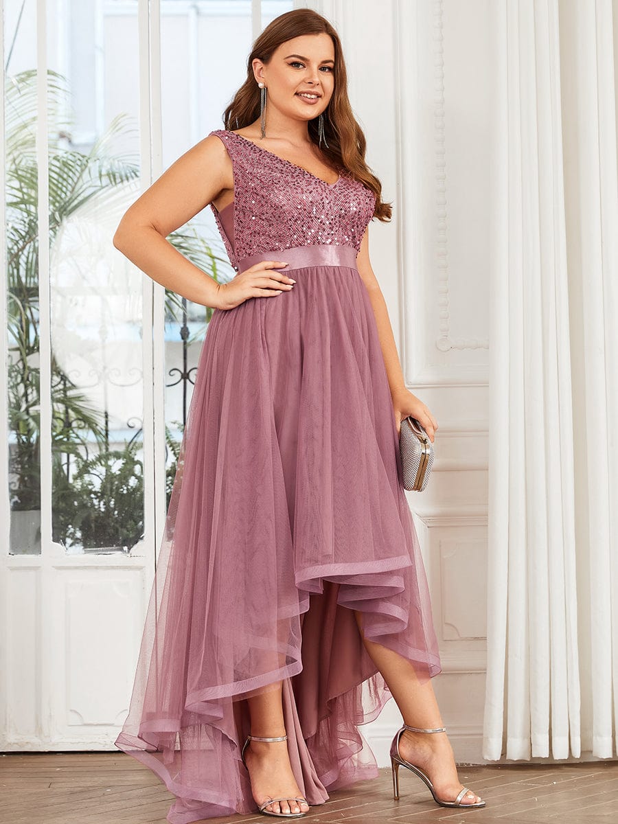 Elegant Glittery Plus Size Evening Dress with Chic Asymmetrical Deep V-Neck Hem