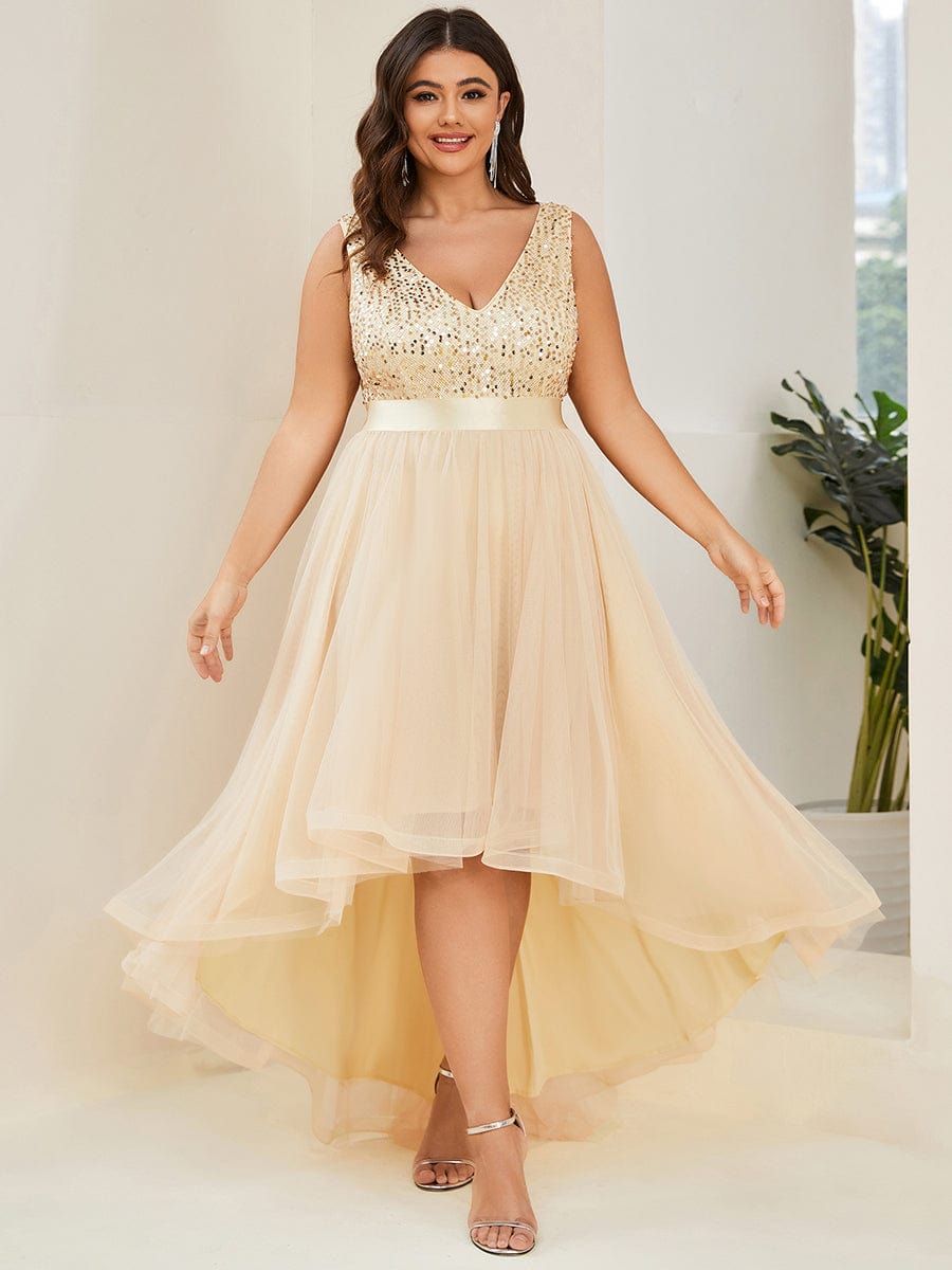 Elegant Glittery Plus Size Evening Dress with Chic Asymmetrical Deep V-Neck Hem