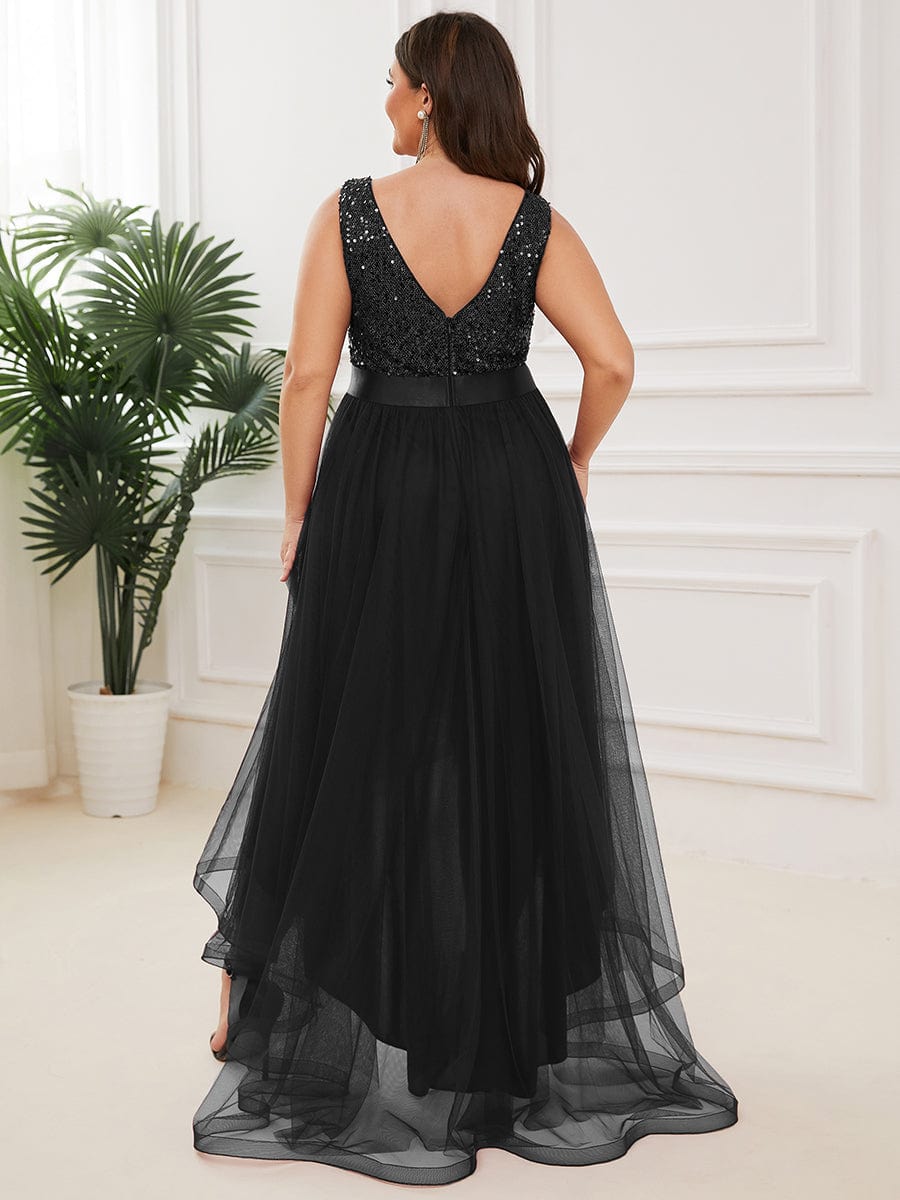 Elegant Glittery Plus Size Evening Dress with Chic Asymmetrical Deep V-Neck Hem