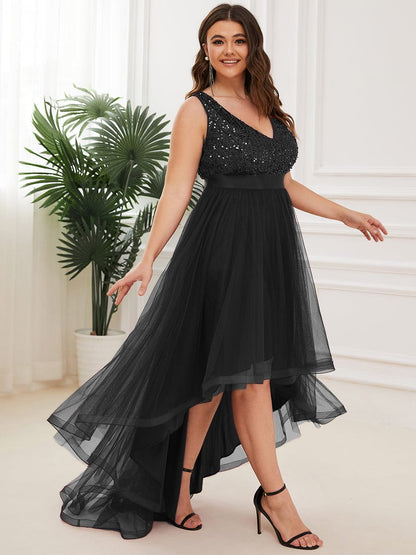 Elegant Glittery Plus Size Evening Dress with Chic Asymmetrical Deep V-Neck Hem