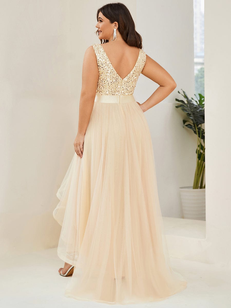 Elegant Glittery Plus Size Evening Dress with Chic Asymmetrical Deep V-Neck Hem