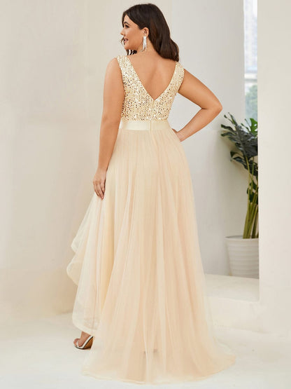 Elegant Glittery Plus Size Evening Dress with Chic Asymmetrical Deep V-Neck Hem