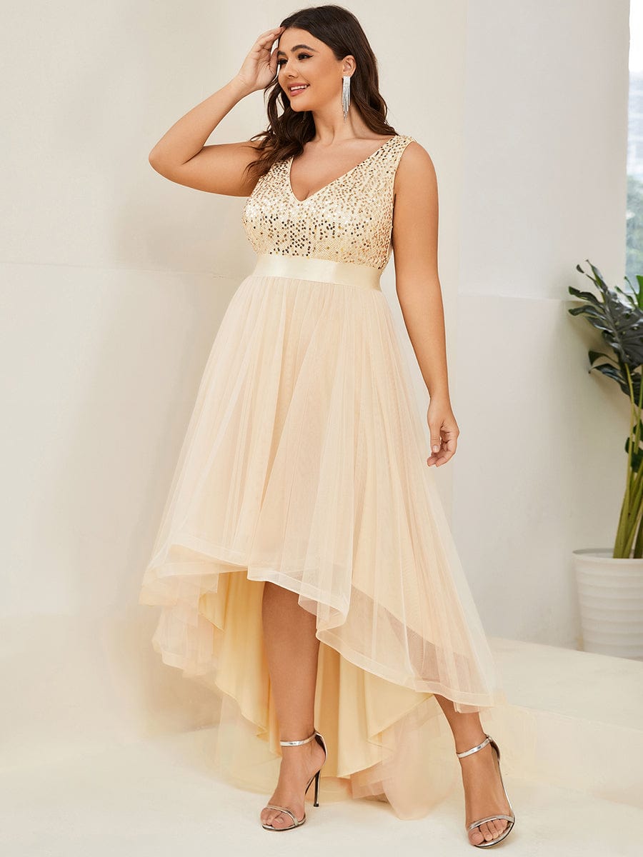 Elegant Glittery Plus Size Evening Dress with Chic Asymmetrical Deep V-Neck Hem