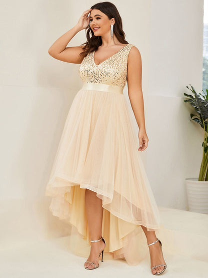 Elegant Glittery Plus Size Evening Dress with Chic Asymmetrical Deep V-Neck Hem