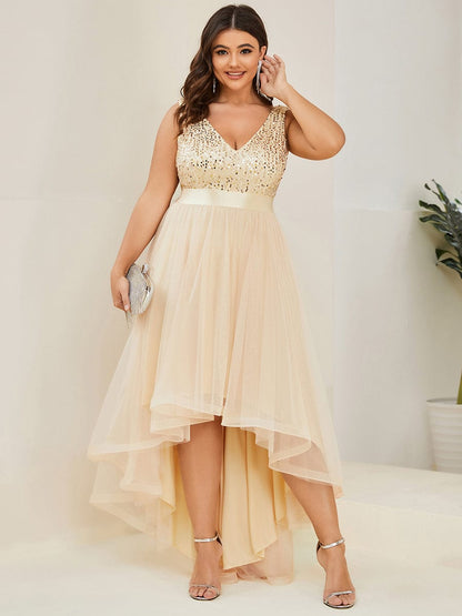 Elegant Glittery Plus Size Evening Dress with Chic Asymmetrical Deep V-Neck Hem