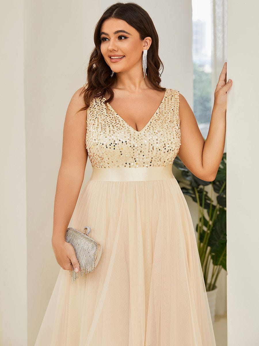 Elegant Glittery Plus Size Evening Dress with Chic Asymmetrical Deep V-Neck Hem