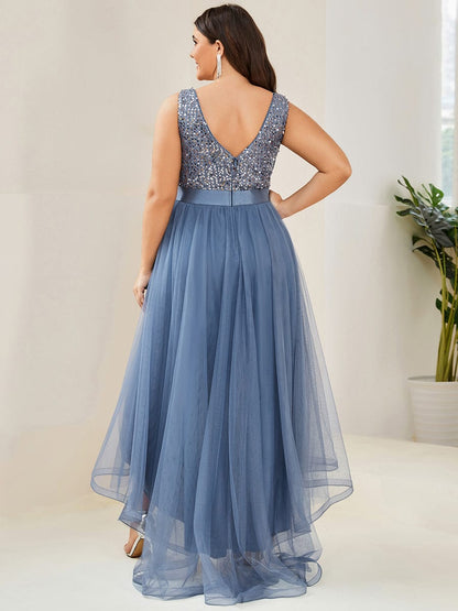 Elegant Glittery Plus Size Evening Dress with Chic Asymmetrical Deep V-Neck Hem