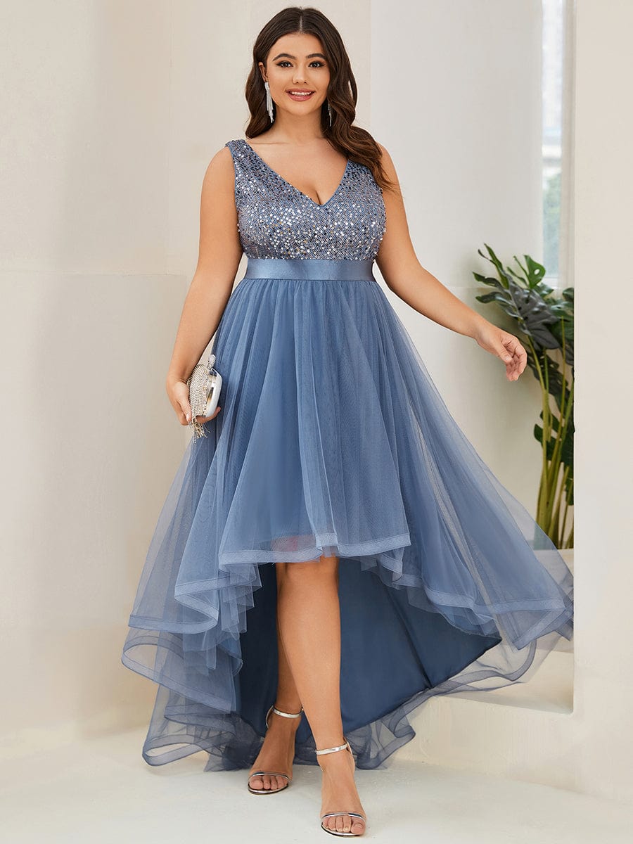 Elegant Glittery Plus Size Evening Dress with Chic Asymmetrical Deep V-Neck Hem