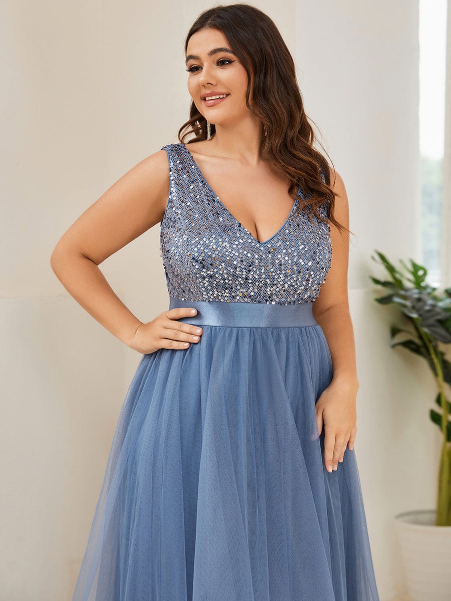Elegant Glittery Plus Size Evening Dress with Chic Asymmetrical Deep V-Neck Hem