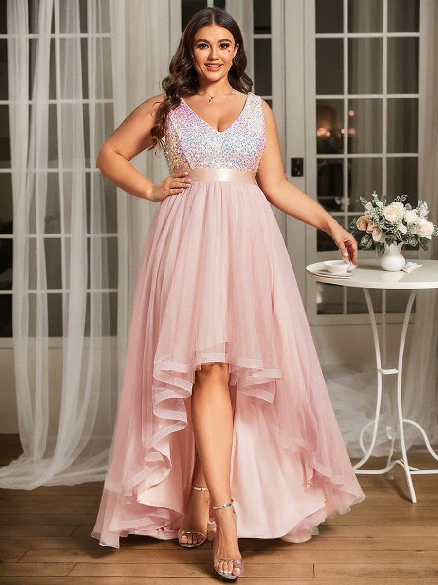 Elegant Glittery Plus Size Evening Dress with Chic Asymmetrical Deep V-Neck Hem