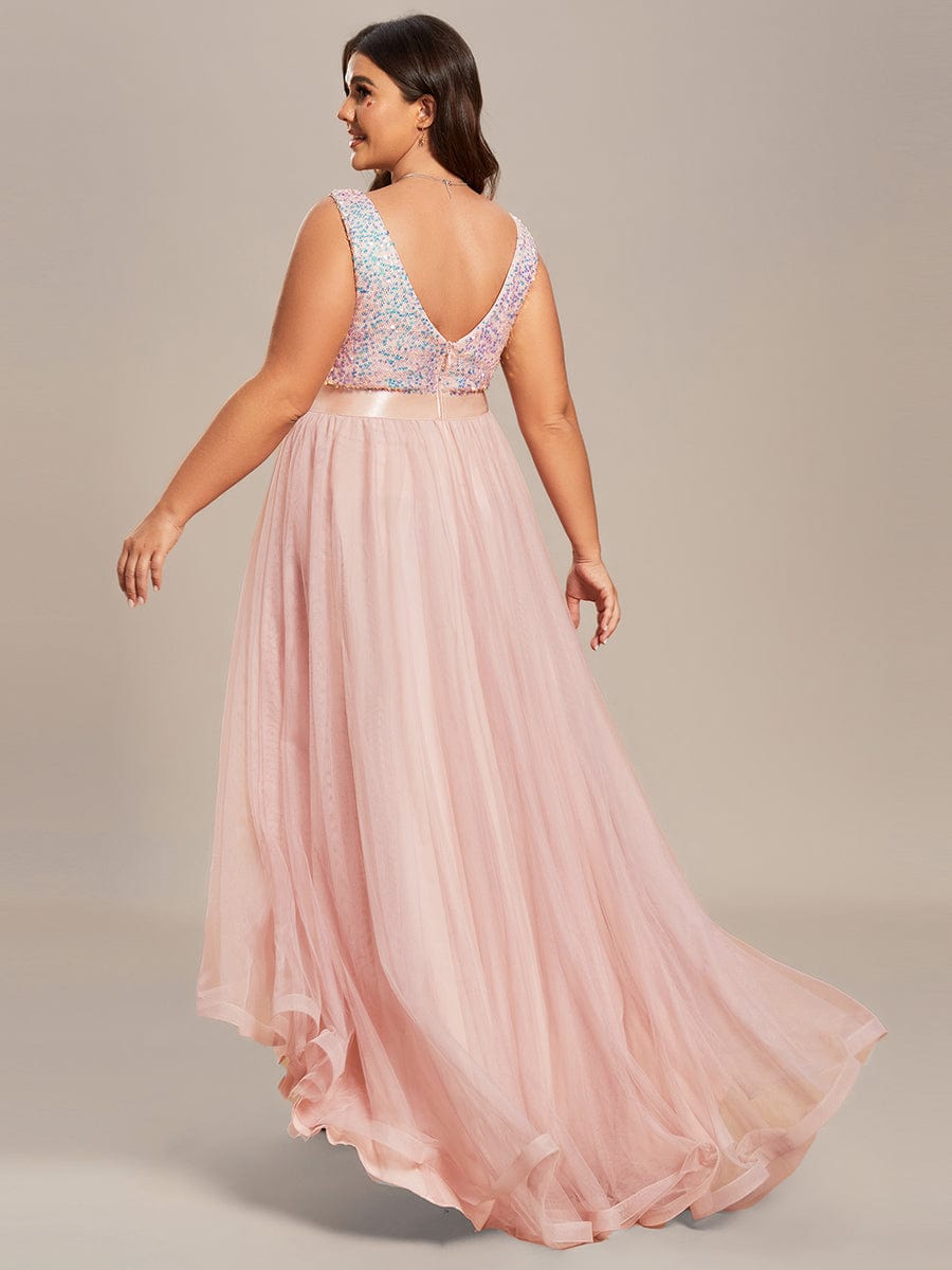 Elegant Glittery Plus Size Evening Dress with Chic Asymmetrical Deep V-Neck Hem
