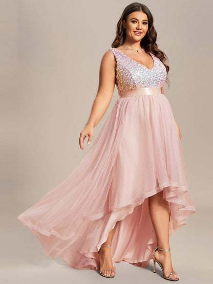 Elegant Glittery Plus Size Evening Dress with Chic Asymmetrical Deep V-Neck Hem