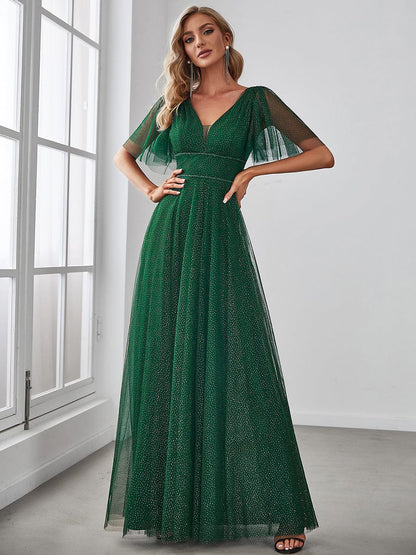 Elegant Golden Stamped Ruffle Sleeve Evening Gown