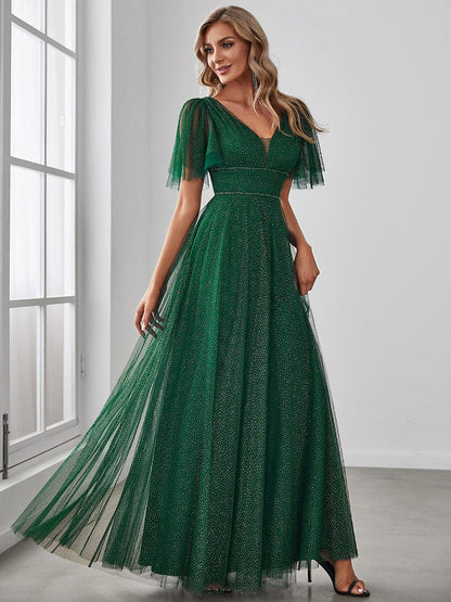 Elegant Golden Stamped Ruffle Sleeve Evening Gown