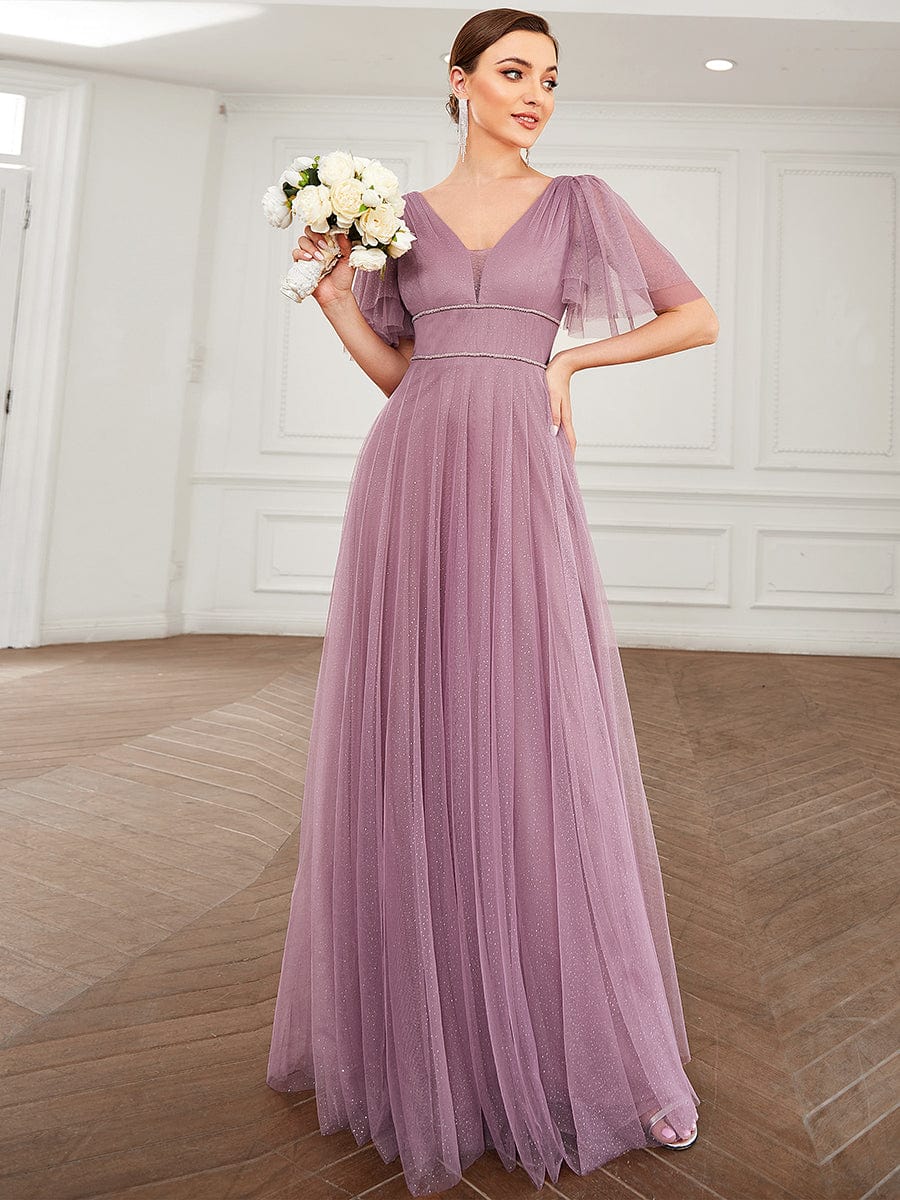 Elegant Golden Stamped Ruffle Sleeve Evening Gown