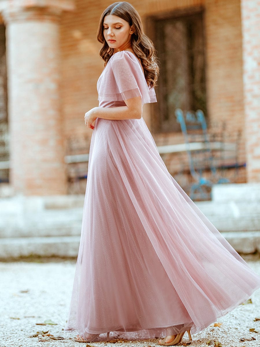 Elegant Golden Stamped Ruffle Sleeve Evening Gown
