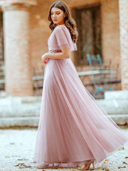 Elegant Golden Stamped Ruffle Sleeve Evening Gown