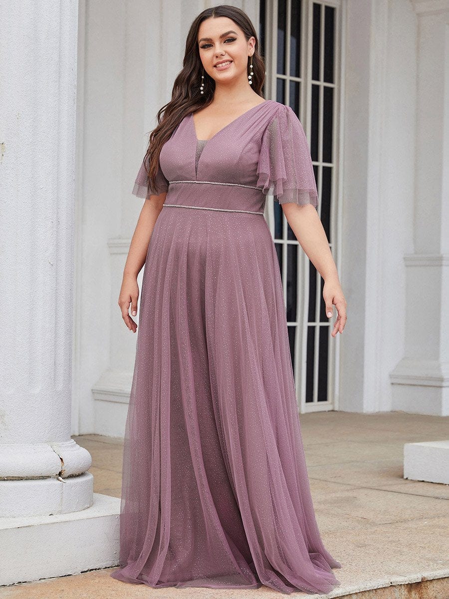 Elegant Golden Stamped Ruffle Sleeve Evening Gown