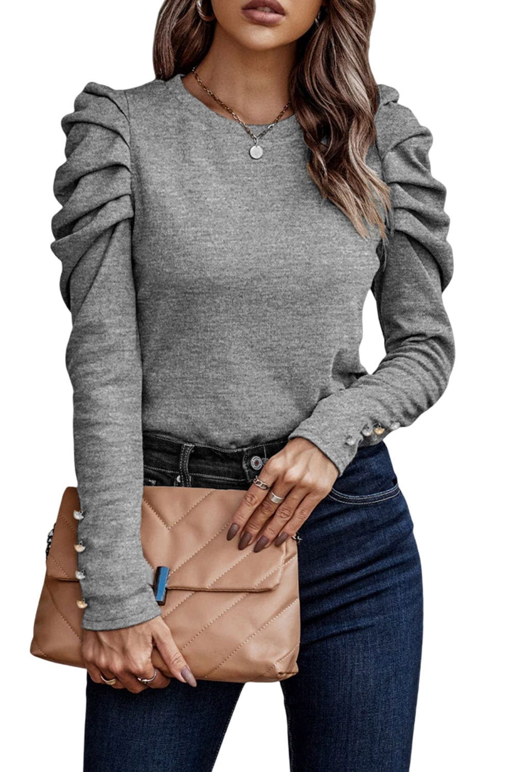 Elegant Gray Button Detail Sheath Top