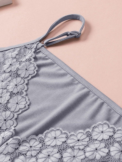 Elegant Gray Lace Trim V Neck Camisole Top