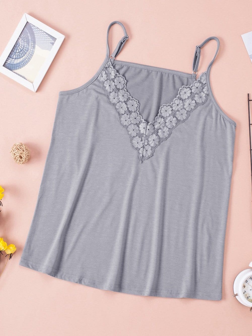 Elegant Gray Lace Trim V Neck Camisole Top