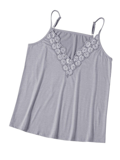 Elegant Gray Lace Trim V Neck Camisole Top