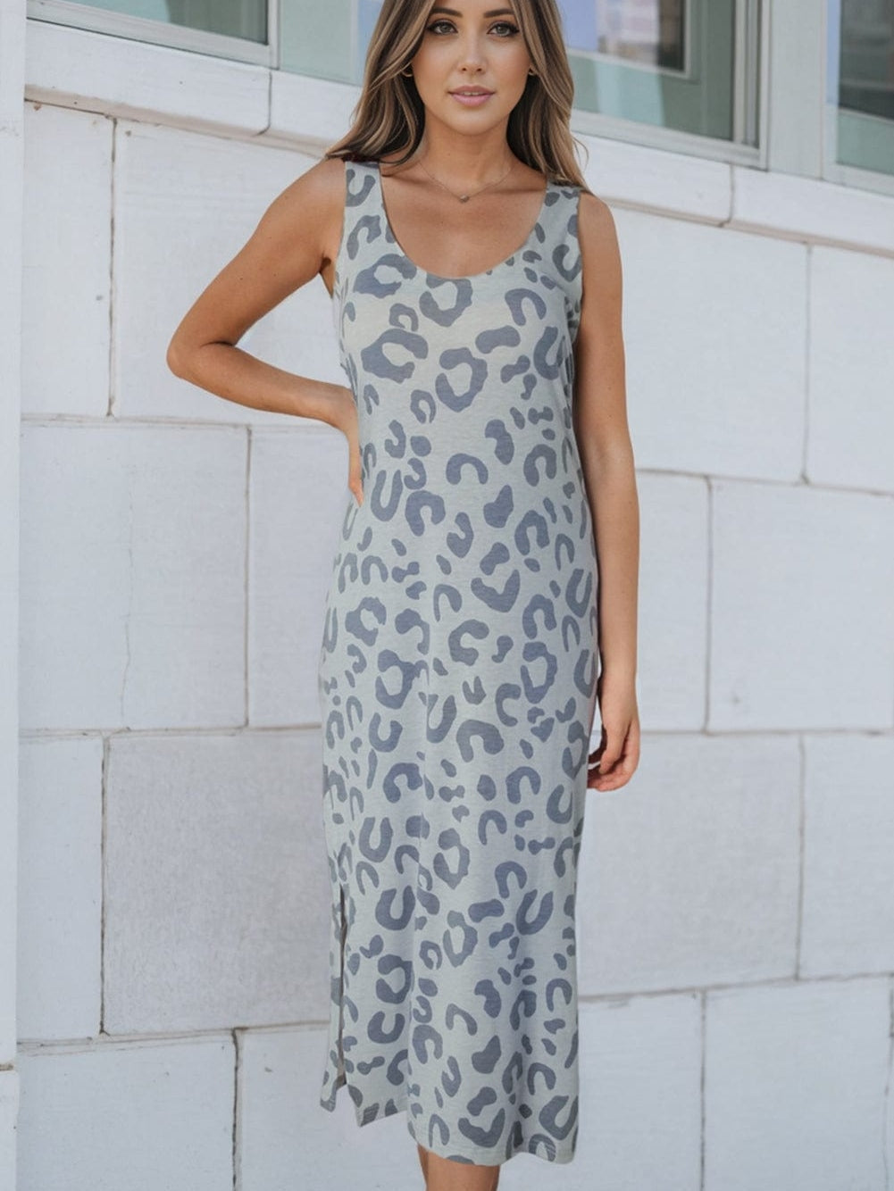 Elegant Gray Leopard Print Long Maxi Dress