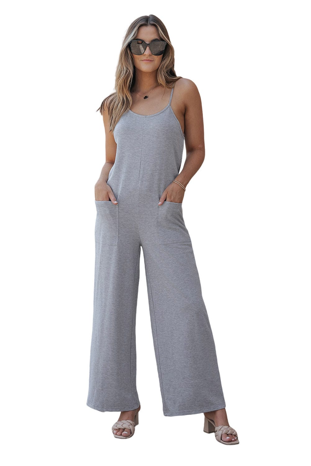 Elegant Gray Spaghetti Strap Jumpsuit with Pockets