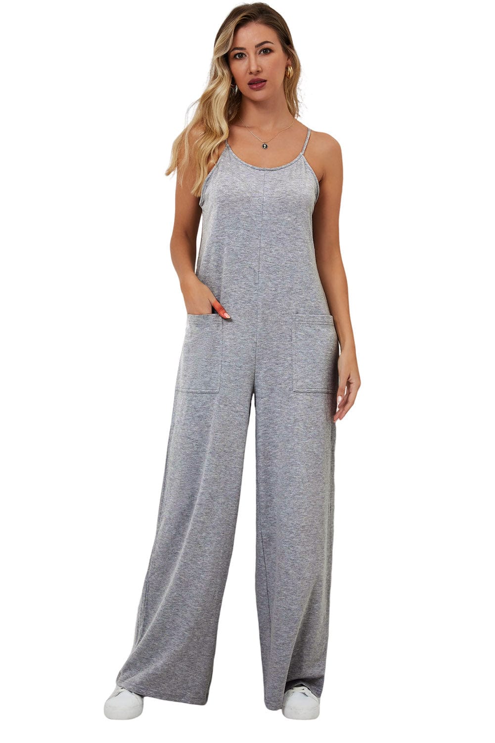 Elegant Gray Spaghetti Strap Jumpsuit with Pockets