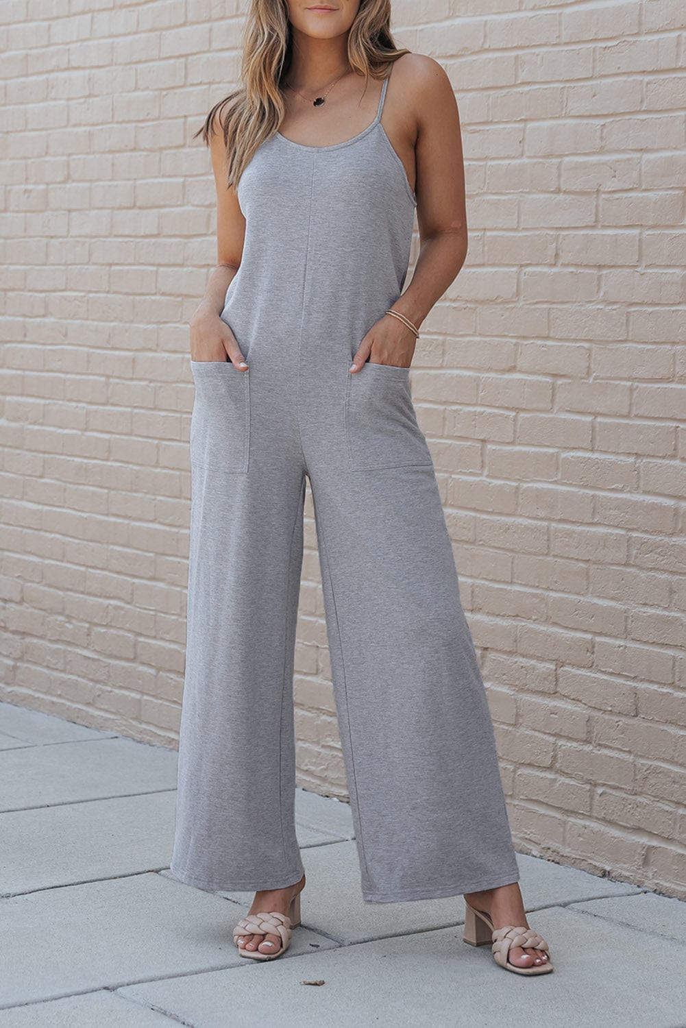 Elegant Gray Spaghetti Strap Jumpsuit with Pockets