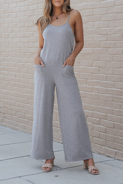 Elegant Gray Spaghetti Strap Jumpsuit with Pockets
