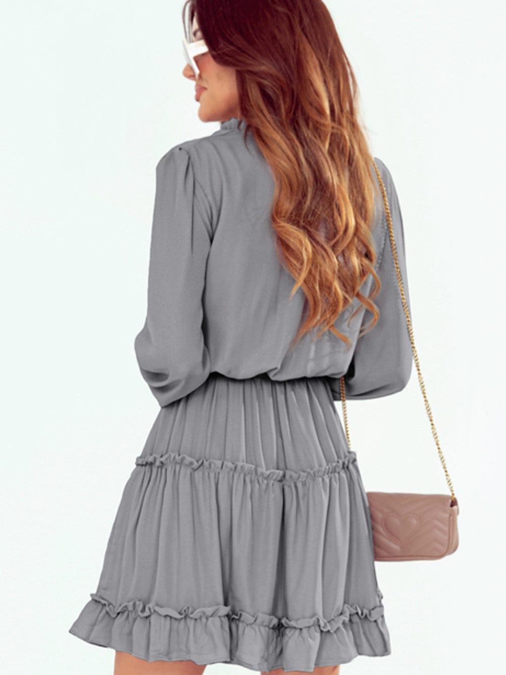 Elegant Gray V Neck Ruffle Tiered Mini Dress with Puff Sleeves