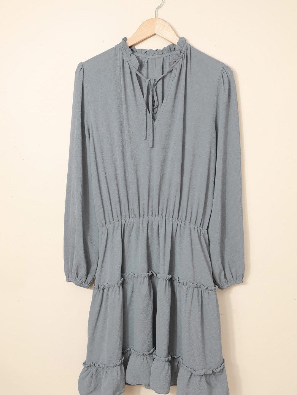 Elegant Gray V Neck Ruffle Tiered Mini Dress with Puff Sleeves
