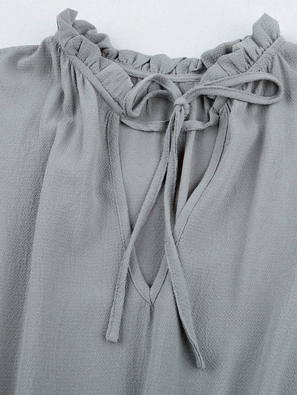 Elegant Gray V Neck Ruffle Tiered Mini Dress with Puff Sleeves