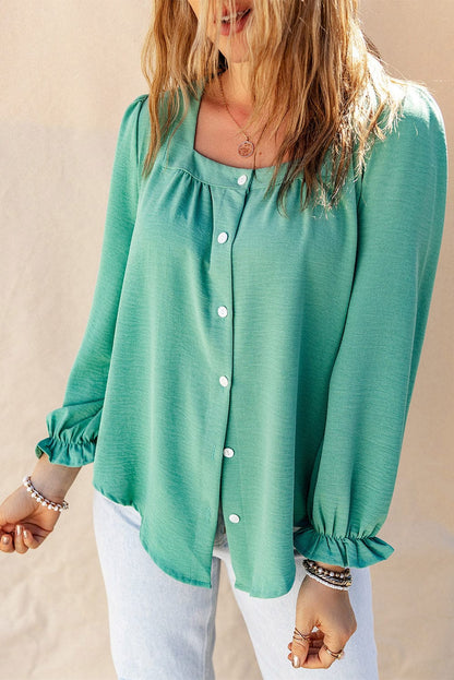 Elegant Green Flounce Sleeve Square Neck Button-Up Blouse