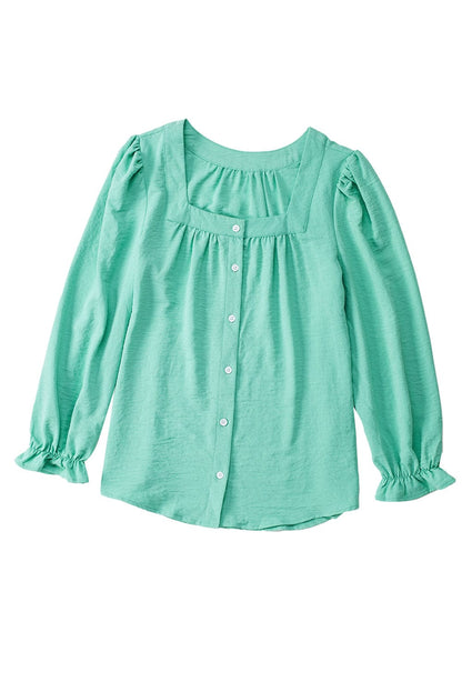 Elegant Green Flounce Sleeve Square Neck Button-Up Blouse