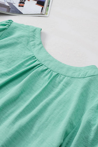 Elegant Green Flounce Sleeve Square Neck Button-Up Blouse