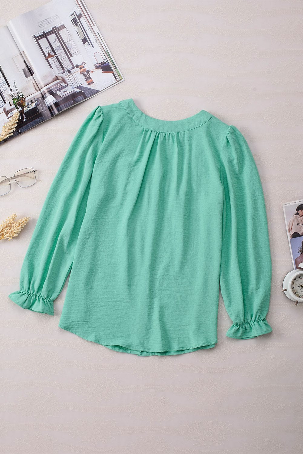 Elegant Green Flounce Sleeve Square Neck Button-Up Blouse