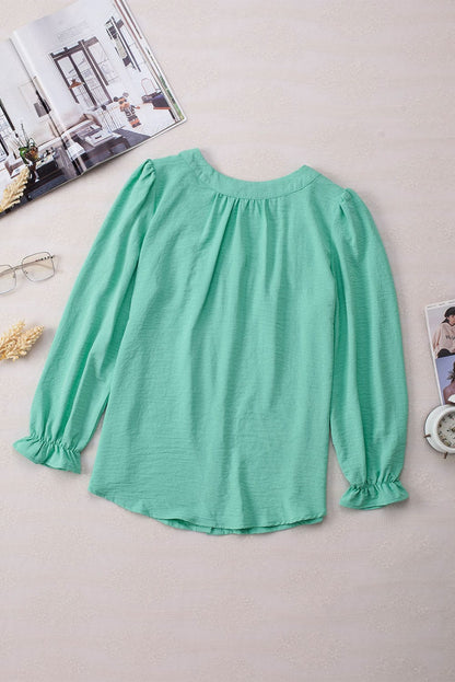 Elegant Green Flounce Sleeve Square Neck Button-Up Blouse