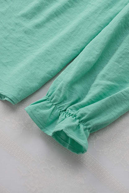 Elegant Green Flounce Sleeve Square Neck Button-Up Blouse