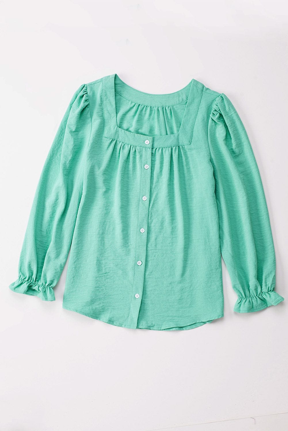 Elegant Green Flounce Sleeve Square Neck Button-Up Blouse