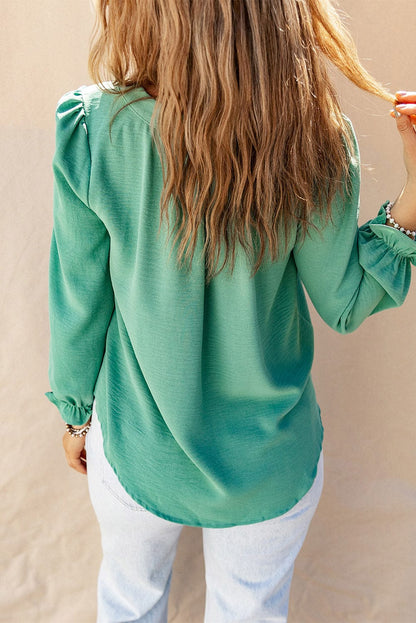 Elegant Green Flounce Sleeve Square Neck Button-Up Blouse