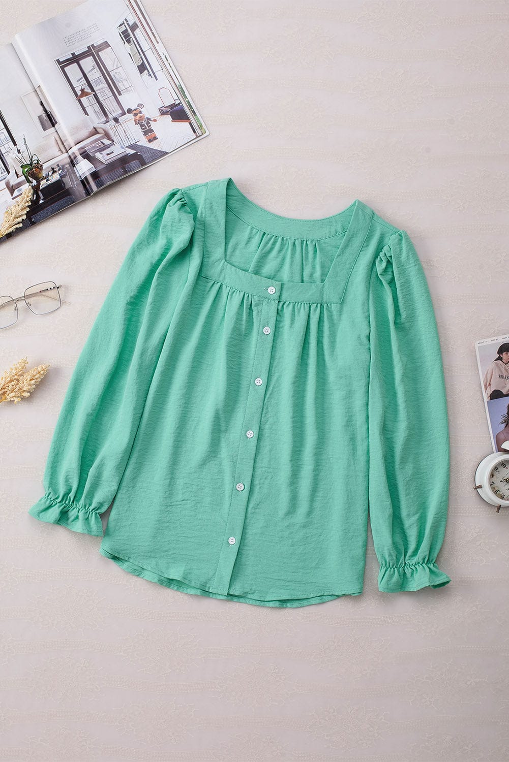 Elegant Green Flounce Sleeve Square Neck Button-Up Blouse