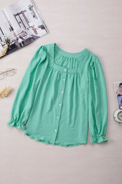 Elegant Green Flounce Sleeve Square Neck Button-Up Blouse