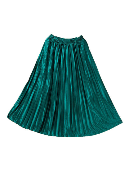 Elegant Green Satin Pleated Maxi Skirt with Elastic Waist