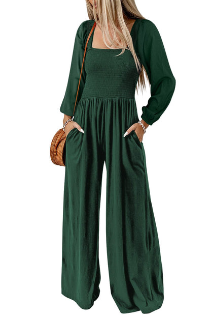 Elegant Green Smocked Square Neck Wide Leg Jumpsuit for Southern Belle Style