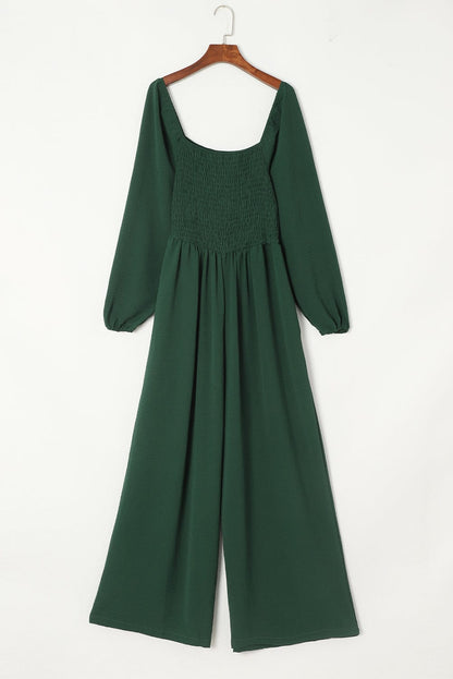 Elegant Green Smocked Square Neck Wide Leg Jumpsuit for Southern Belle Style