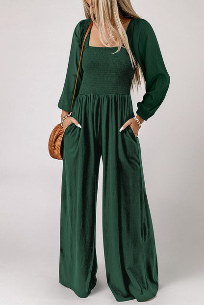 Elegant Green Smocked Square Neck Wide Leg Jumpsuit for Southern Belle Style