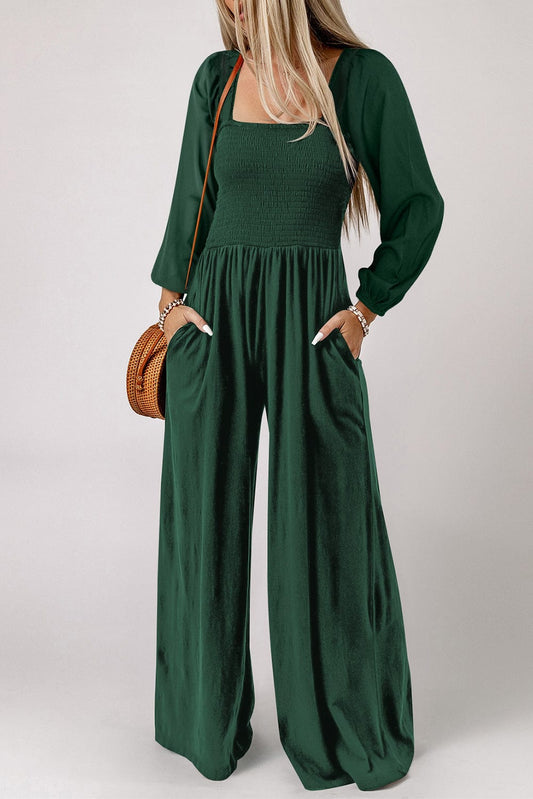 Elegant Green Smocked Square Neck Wide Leg Jumpsuit for Southern Belle Style