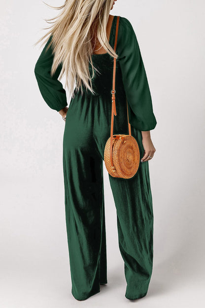 Elegant Green Smocked Square Neck Wide Leg Jumpsuit for Southern Belle Style